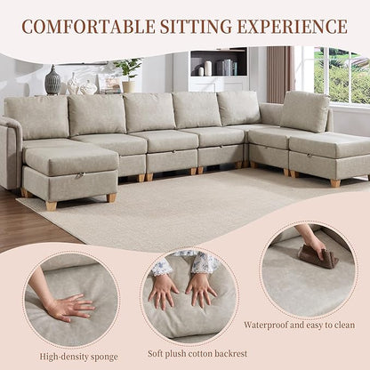 Modular Sectional Sofa,Modern Sectional U Shaped Couches for Living Room,8 Seat PU Leather Deep Seat Sectional Cloud Couch with Storage,Beige