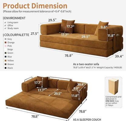 Fancyfire 78.8" Convertible Sofa Bed with Armrest Pillow,4-in-1 Sleeper Couch Bed for Livingroom,Modular Corduroy Boneless couches,No Assembly (Yellow)