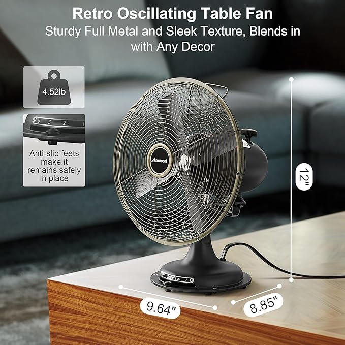 AMACOOL Oscillating Vintage Fan, All Metal 8" Retro Table Top Fan, Adjustable