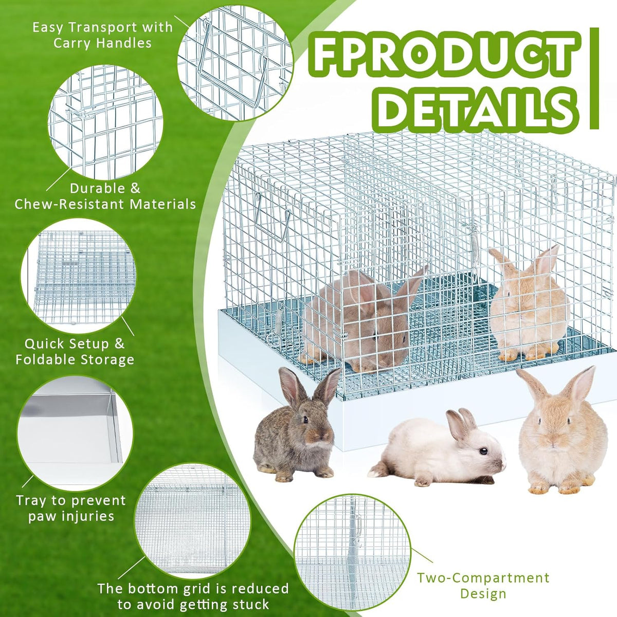 Folding Rabbit Cage, 18 x 18 x 14 in Portable Bunny Carrier with Tray and Handles for Transport, Trave or Temporary Housing, Indoor Outdoor Pet Habitat Animal Enclosure