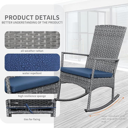 Oasishine Rocking Chair Outdoor 3 Pieces High-Backed Patio Rocking Chairs Bistro Table and Chairs Set of 2, Navy Blue