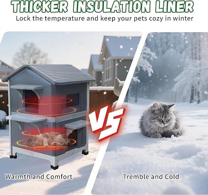 Insulated Outdoor Cat Houses - Waterproof 2 Story Cat House for Outside with Escape Door for Winter，Elevated Outdoor Cat House for Feral Stray Barn Cat Kitty