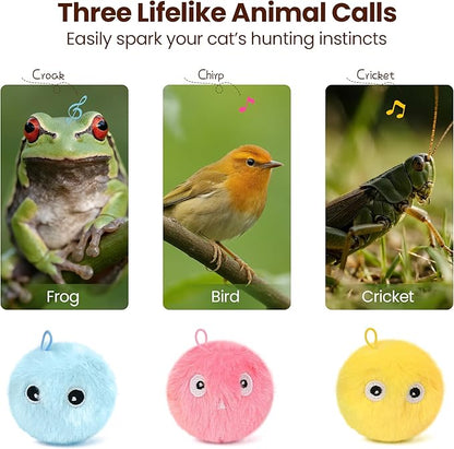 Chirping Cat Toy Balls-Upgraded 3-Pack Fluffy Interactive Kicker with 3 Lifelike Animal Sounds,Battery-Operated,Auto-Activated,Perfect for Indoor Kitty Kitten Exercise,Stimulates Play,Durable Design