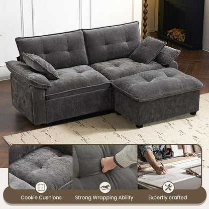 PALLOME 82" Deep Seat Comfy Cloud Couch, Modular Sectional Sofa with Movable Ottoman, L Shaped Chenille Sofa for Small Space, Modern Apartment Living Room & Office (Light Grey, 2-Seat + Ottoman)