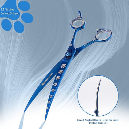 Professional Dog Grooming Scissors Set of Straight, Curved, Thinner/Blender and Chunker Shears with Paw Prints for Dogs, Cats & Pets (Right Handed, Blue, Stainless Steel 8 Inch)