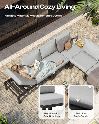 Oasbira Aluminum Modular Outdoor Patio Furniture Set, 8 Seats Sectional Sofa Set with Adjustable Backrest & Thick Cushions, All-Weather L-Shaped Corner Set with Table for Garden & Yard, Gray