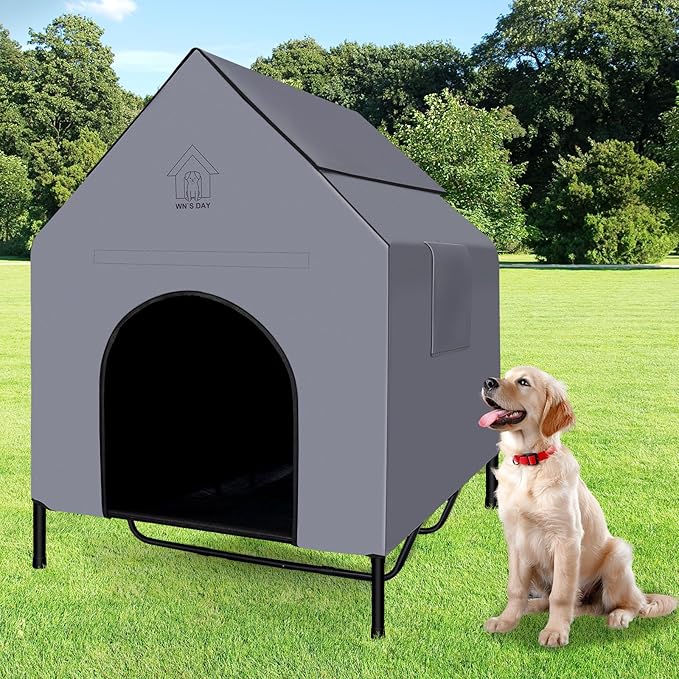 48'' Outdoor Dog Houses for Large Dogs Outside, Weatherproof Large Dogs House with Textilene Elevated Dog Bed, Breathable Dog Tent, Dog House Outdoor X-Large Breed with Windows and Sunshades