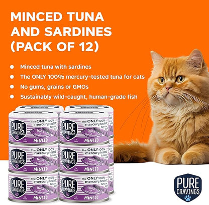 Pure Cravings Minced Tuna and Sardines Wet Canned Cat Food, 100% Mercury-Tested, Moist Can Fish for Cats, Grain-Free, Protein, Non-GMO, 3oz, Pack of 12