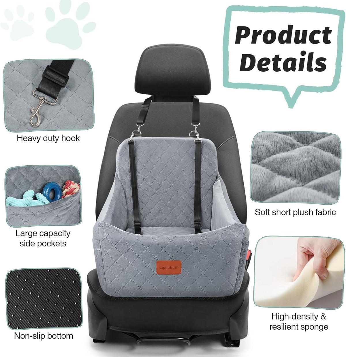 Dog Car Seat for Medium Dogs Up to 35lbs,Fully Detachable and Washable,Easy to Install with Adjustable Straps,Anti-Slip Bottom Travel Car Bed for Pets,Two Side Pockets(Grey,Medium)