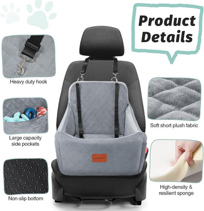 Dog Car Seat for Medium Dogs Up to 35lbs,Fully Detachable and Washable,Easy to Install with Adjustable Straps,Anti-Slip Bottom Travel Car Bed for Pets,Two Side Pockets(Grey,Medium)