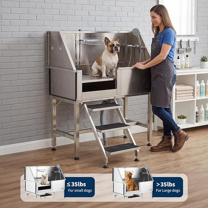Garvee 46 Inch Stainless Steel Dog Washing Station, Heavy Duty Pet Grooming Bathtub with Access Stairs, Brushed Finish, Left Door Options