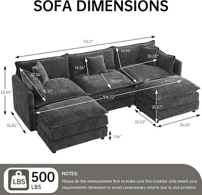 saows Modular Sectional Sofa, 112.2 Inch U Shaped Couch Set with Armrests, 3-Seater Comfy Cloud Couches with Movable Ottoman for Living Room Apartment, Grey