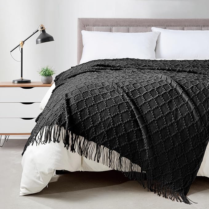 BOURINA Black Throw Blanket 50 x70 Inches Jacquard Argyle Throw Textured Solid Soft Throws and Blankets for Sofa or Bed Knitted Decorative Blanket