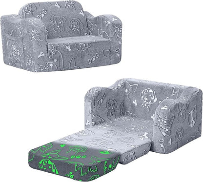 MeMoreCool Glow-in-The-Dark Toddler Sofa Bed – 2-in-1 Convertible Chair & Nap Lounger, Dog Print, Lightweight, Washable for Kids Room | Plush Foam Comfort | Portable Playroom Couch
