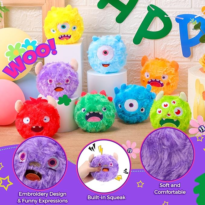 HyDren 8 Pack Soft Squeaky Dog Ball Toys 2 In1 Fuzzy 4" Dog Balls with Squeakers Plush Funny Puppy Ball Bulk Small Dog Valentine Toys Monster Dog Chewers for Small Medium Puppy Dog Pet Birthday Gift