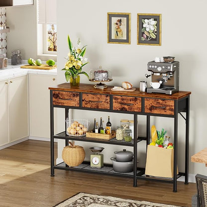 Furnulem Entryway Table 47'' Sofa Console Table with 4 Fabric Drawers, Industrial Entry Way Shoe Rack with Metal Mesh Shelf for Front Door, Foyer Wooden Top, Sturdy Metal Frame, Rustic Brown