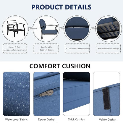 RTDTD Aluminum Outdoor Patio Furniture Set,4 Pieces 5 Seats Patio Conversation Sets with 45" Propane Fire Pit Table,Metal Patio Sectional Furniture Set with 2 Swivel Rocking Chairs,Navy Blue