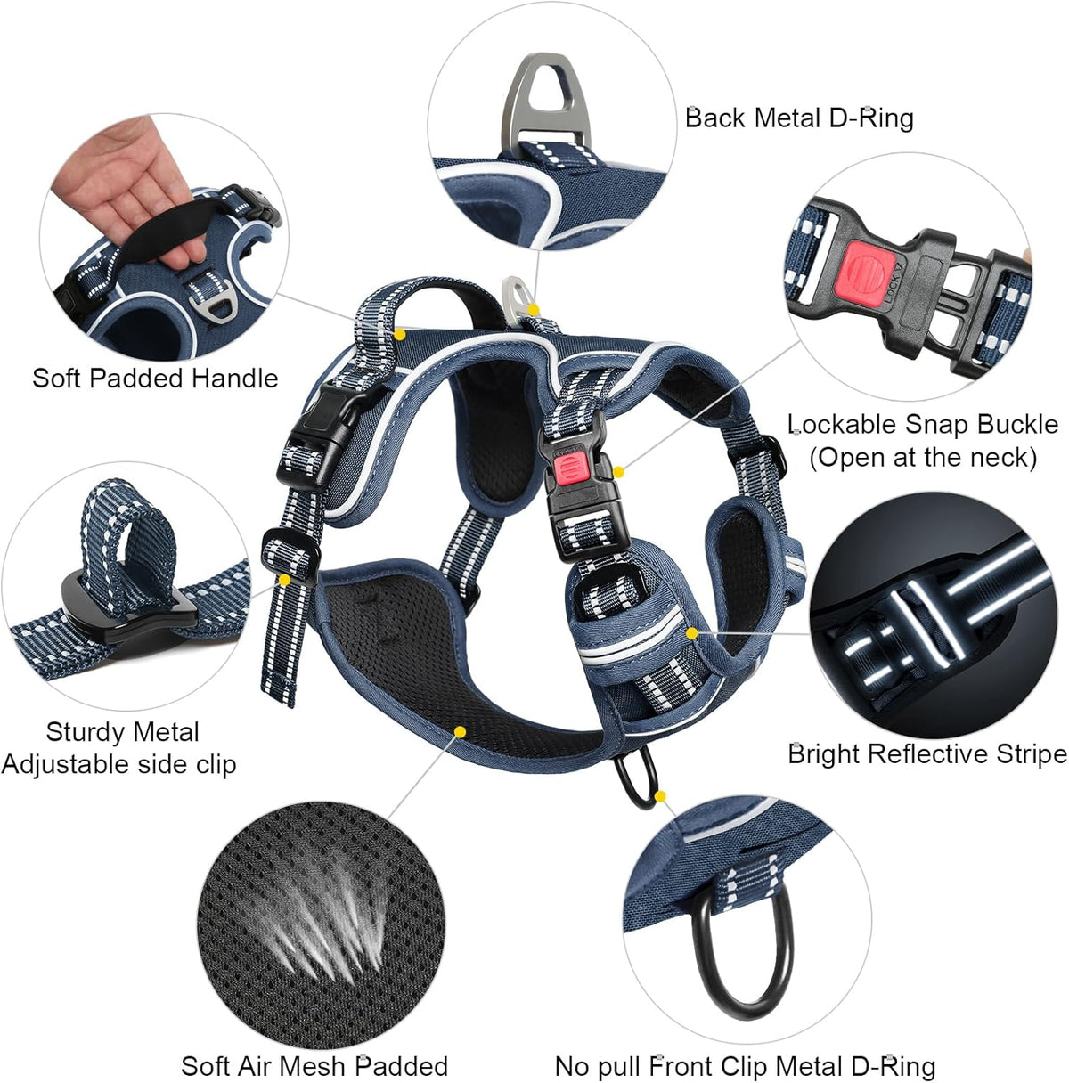 Timos Dog Harness Large Sized, No Pull Pet Harness with Neck Lockable Snap,No Choke Front Clip Dog Reflective Vest,Adjustable Metal Rings 3 Buckles,Easy Control Handle for Large Dogs Royal Blue L