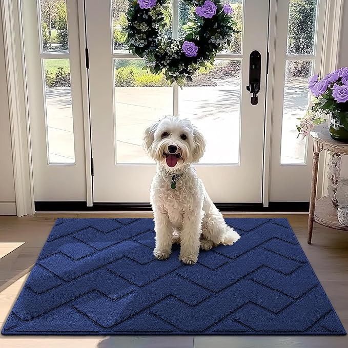 hicorfe Front Door Mat Outside Entrance,32"x40" Absorbent Muddy Dirt Resist Welcome Door Mats Outdoor Indoor,Stain and Fade Resistant,Non Slip Backing Entry Mat Doormat for Entryway(Navy Blue)