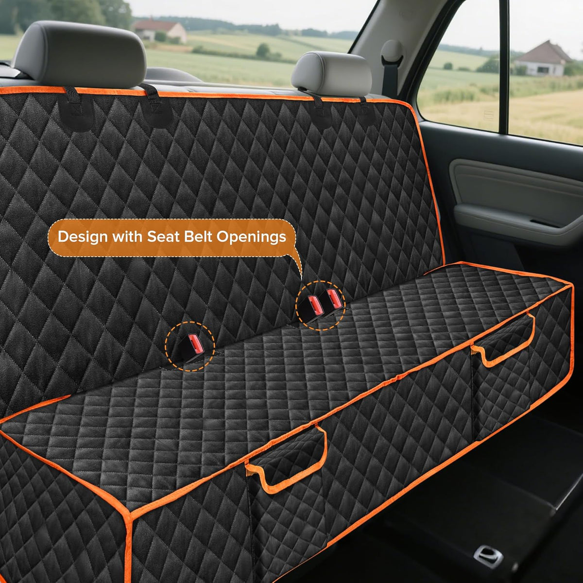 XHRING Dog Car Seat Cover for Honda CRV HRV CR-V HR-V LX EX EX-L EX-L Navi Touring 2000-2025 Back Seat Accessories, Scratchproof Pet Bench Backseat Covers with Two Big Pockets - Black Orange