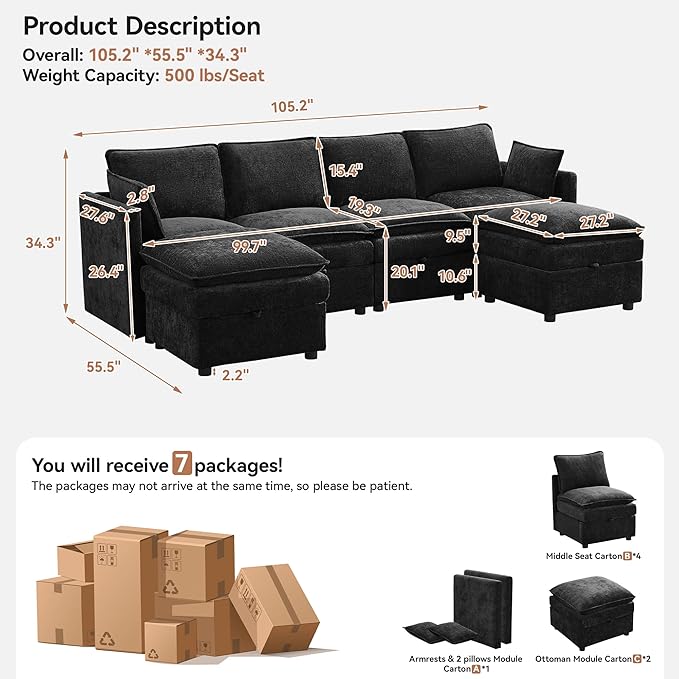 105" Cloud Modular 4 Seater Sofa with 2 Storage Ottoman, Modern Upholstered Sofa Storage Sofa Couch Deep Seat, U Shape Sectional Sofa Chenille Comfy Couch with Armrests for Living Room, Black