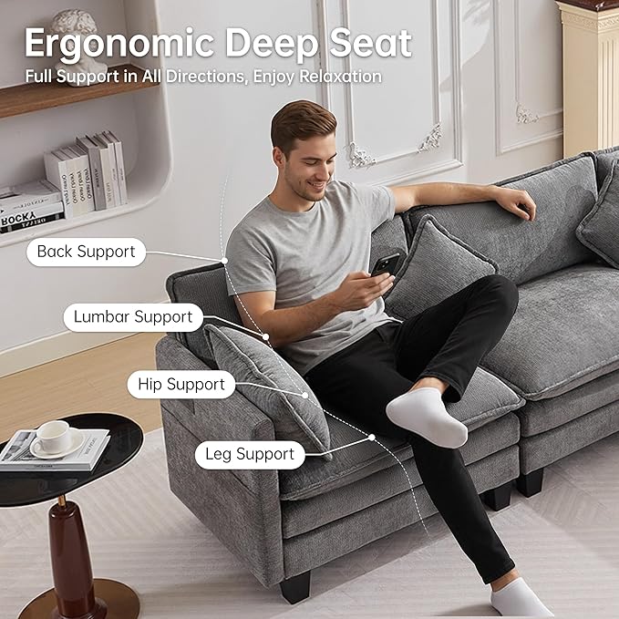 108" Modern L-Shaped Sectional Sofa with USB & Type-c Port Charger, Modular Cloud Couch, Deep Seating Chenille Fabric 4-Seater with Ottoman and Pillows for Living Room (Grey)
