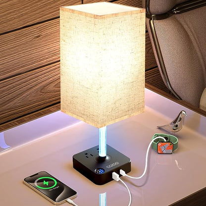 COZOO 3 Way Dimmable Touch Bedside Table Lamp with 3 USB Charging Ports 2 Outlets Power Strip,Black Charger Base White Fabric Shade,LED Desk Night Light for Bedroom/Nightstand/Living Room/College Dorm