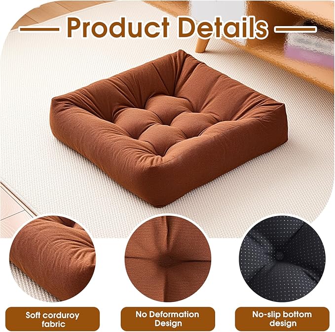 Tikuns Floor Pillows for Adults, 22x22x6 Inch Meditation Cushions, Large Square Sitting Cushion Living Room Memory Foam Pillow for Sitting (1, Brown, 22x22x6 Inch)