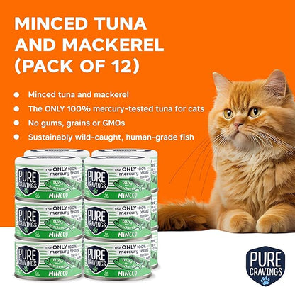 Pure Cravings Minced Tuna and Mackerel Wet Canned Cat Food, 100% Mercury-Tested Tuna, Moist Can Fish for Cats, Grain-Free, Protein, Non-GMO, 3oz, Pack of 12