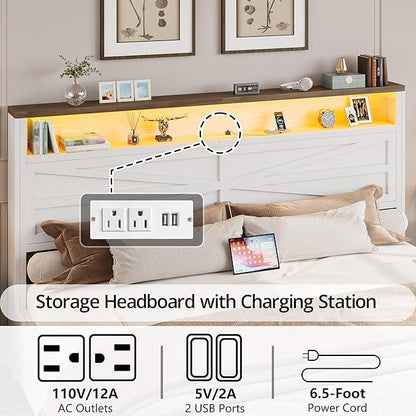IRONCK Farmhouse King Size Bed Frame with LED Light and Charging Station, Wood Bed Frame with Storage Headboard and 2 Drawers， Barn Door Design, Sturdy and Noiseless, White