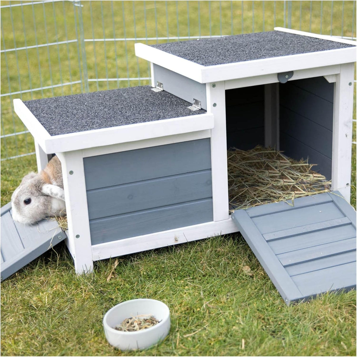 TRIXIE natura Small Animal House - Outdoor/Indoor Rabbit Hideout with Hinged Roof & Raised Floor - Solid Wood House with 2 Entry Ramps, Weather-Resistant Home for Bunnies & Guinea Pigs - in Gray