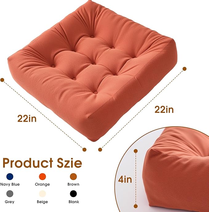 Tikuns Floor Pillows for Adults, 22x2x4 Inch Inch Meditation Cushions, Large Square Sitting Cushion Living Room Memory Foam Pillow for Sitting (4, Orange, 22x22x4 Inch)