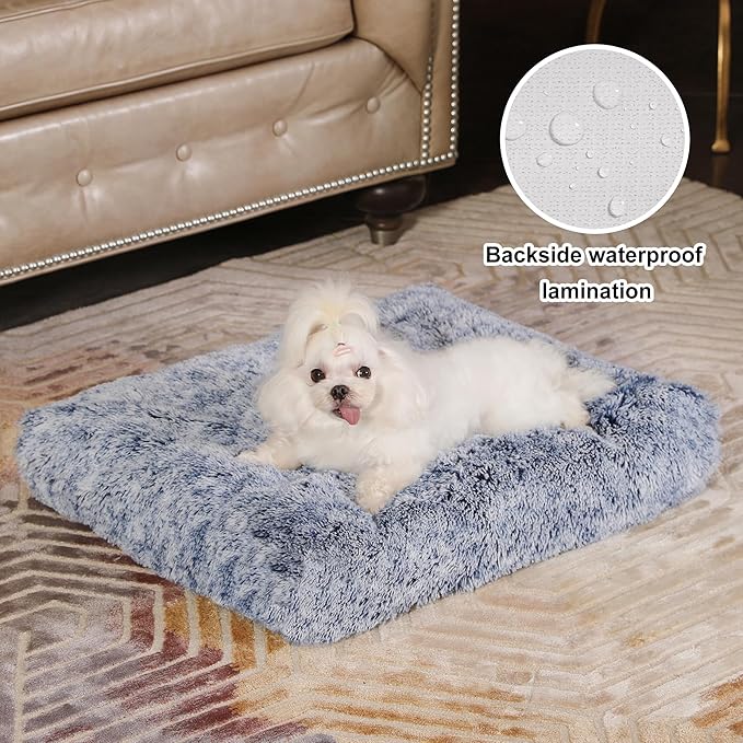 Bedfolks Waterproof Crate Bed, Plush Dog & Cat Bed with Removable Washable Cover, Faux Fur Kennel Pad, 23"x18", Dark Blue