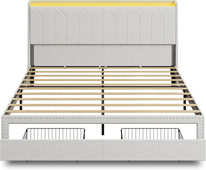 WLIVE King Size Upholstered Bed Frame with 2 Drawers, Linen Tufted Storage Headboard with Charging Ports and LED Light, Sturdy Metal & Wooden Slats Support, No Box Spring Needed, Beige