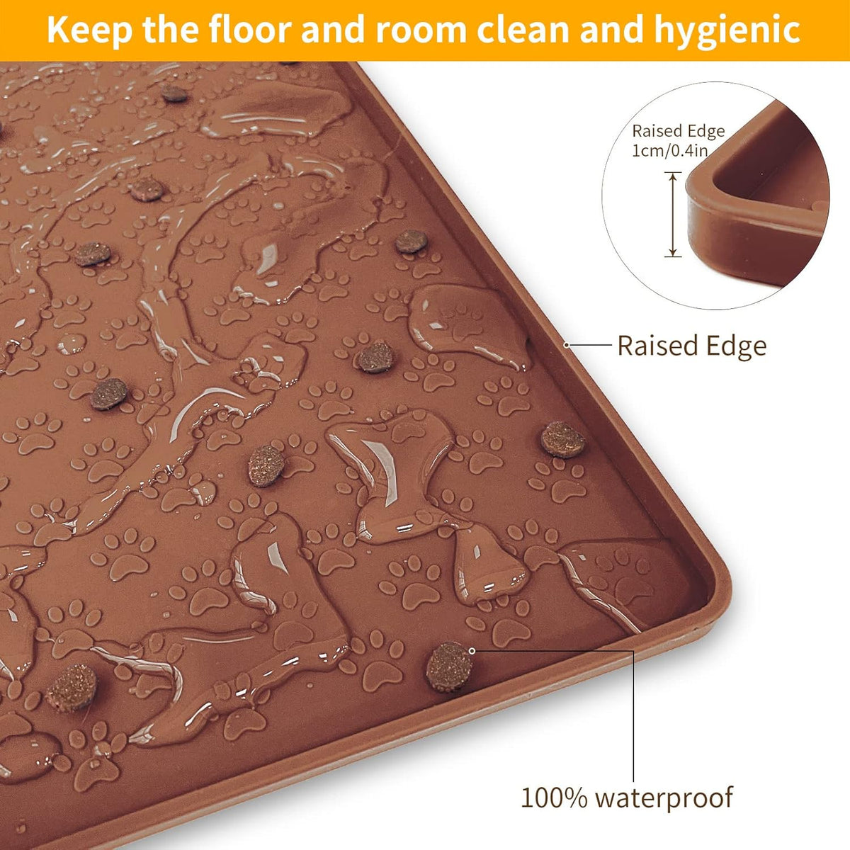 Ptlom Pet Placemat for Dog and Cat, Waterproof Silicone Pet Feeding Bowl Mats for Food and Water, Small Medium Large Dogs Mat Prevent Residues from Spilling to Floor, Brown, 18" 12"
