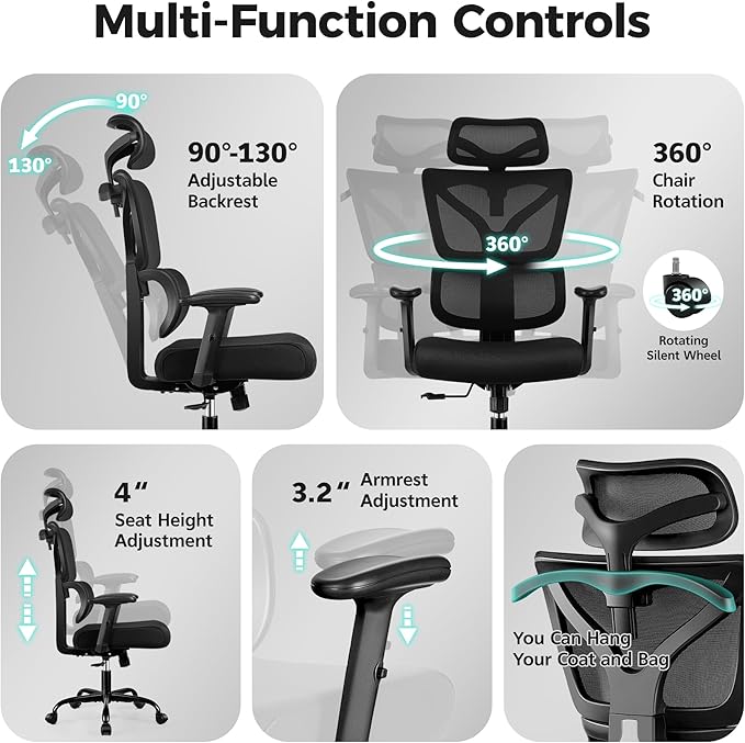 Ergonomic Office Chair High Back Desk Chair with Lumbar Support, Breathable Mesh Computer Chair with Adjustable Armrests Height, Reclining Swivel Big and Tall Gaming Chair for Home Office(Black)