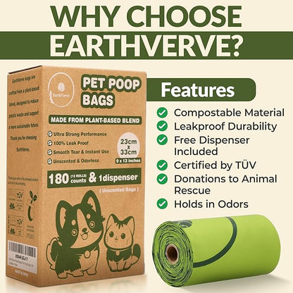 Dog & Cat Compostable Poop Bags (180 Counts w/Dispenser) - Plant Based, Enhanced Leak-Resistant, Odor-Resistant & Durable – Unscented,Sustainable Cleanup Solution –10% to Animal Rescue