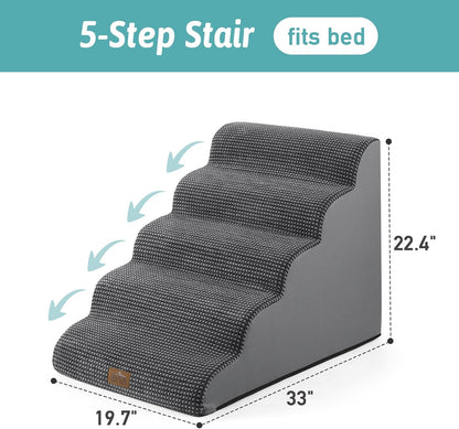 Extra Wide Dog Stairs 19.7" Width, Large Pet Step for Small Medium Dog, Puppy or Cat, Ramp for High Bed or Car, High Density Foam Ladder, Stable, 5 Step, 19.7x33x22.4 in, Dark Grey