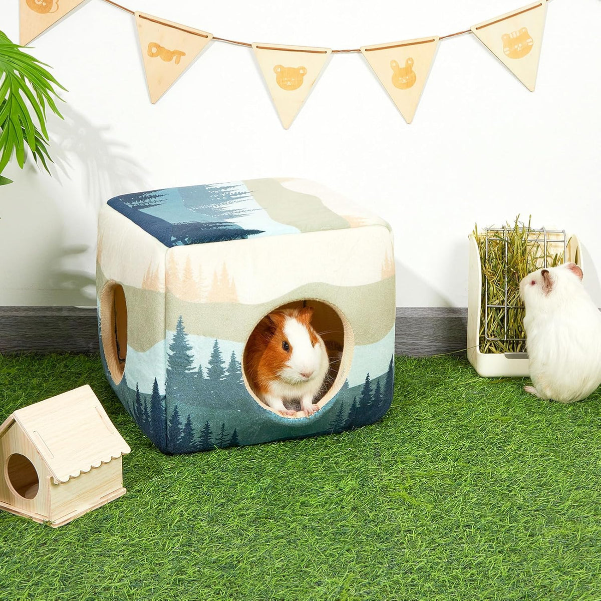 Bienbee Guinea Pig Hideout, Washable Guinea Pigs House Cozy Guinea Pigs Bed for Small Pet Bunny/Rabbit/Hamster/Chinchilla Guinea Pig Accessories Forest Landscape