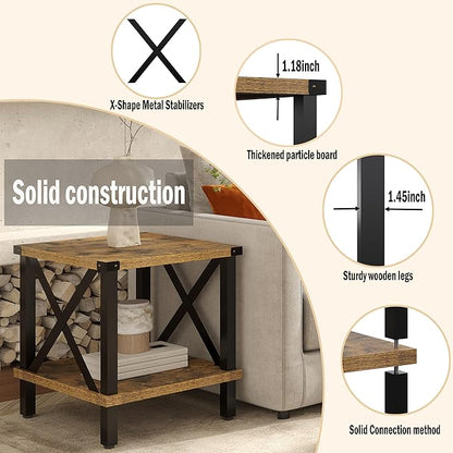 Large End Table Farmhouse Side Table Industrial Style Sofa Table Coffee Table Metal X Accent Wood End Table NightStand with Storage Shelf for Living Room Bedroom MLBZ16R