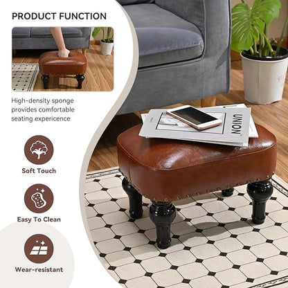 DSGAMER Leather Ottoman Footrest,Rustic Foot Stools Seat,Wood Footstool Rectangle Footrest Small Ottoman for Bedroom,Living Room,Office,Entrance Hall (DEEP Brown)