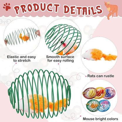 Jecery 5 Pcs Halloween Cat Spring Balls Toys Stretchable Rolling Balls Colorful Playful Coils Interactive Spring Action Toy Caged Rats for Kitten Cat Pet Supplies(Mouse,Bright Color,5 Pcs)