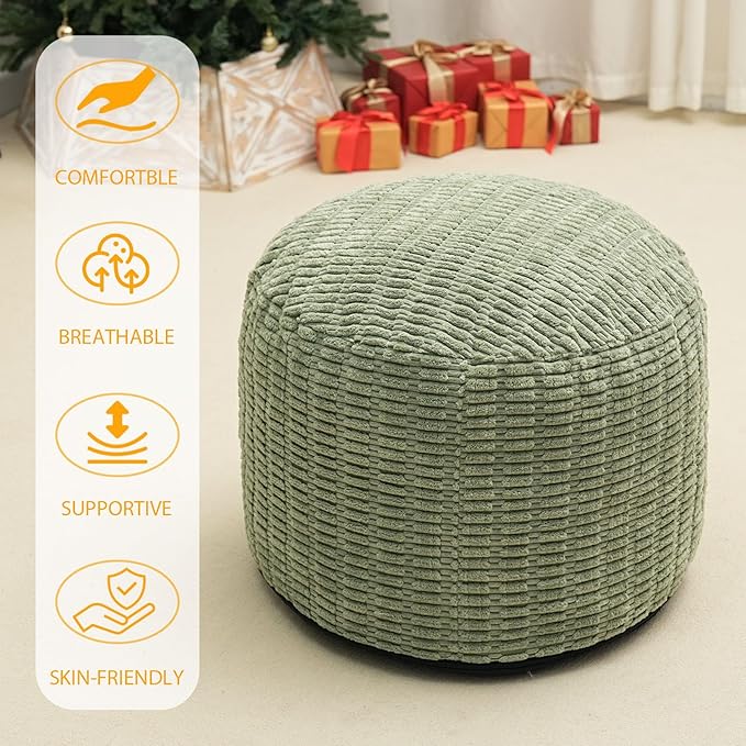 Round Stuffed Pouf Ottoman for Foot Rest, Storage Ottoman Pouf Foot Stool Cushion, Faux Fur Poufs with Foam Chunk Filling, 26 X 18 Inch Floor Chair for Living Room Bedroom Home Decor, Green