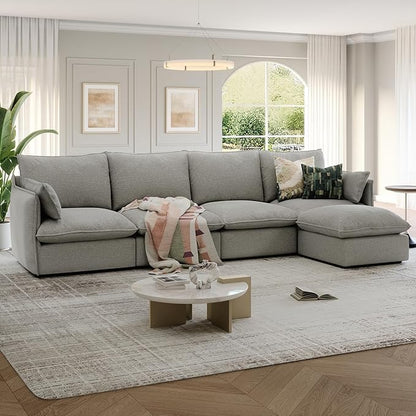 Lopzeho 124" Cloud Modular Sectional Sofa, Waterproof Down Filled Sectional Couch, High Backrest L Shaped 4 Seater Couch with Ottoman, Modern Modular Sofas with Removable Cover, Light Gray
