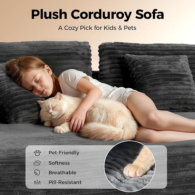 108” Cloud Sectional Couch in One Box, Compressed Modular Sectional Sofa with Deep Seat, Corduroy Boneless Couches, L-Shaped Sofa for Living Room, 4 Storage Pockets(Left Facing Chaise, Grey)