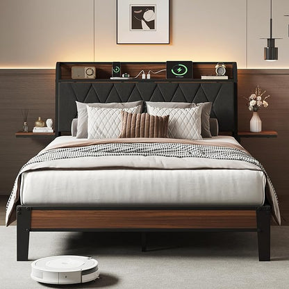 WLIVE Full Upholstered Bed Frame with 2 Side Shelves, Linen Tufted Storage Headboard with Charging Ports and LED Light, Metal Solid and Stable, No Box Spring Needed, Easy Assembly, Brown