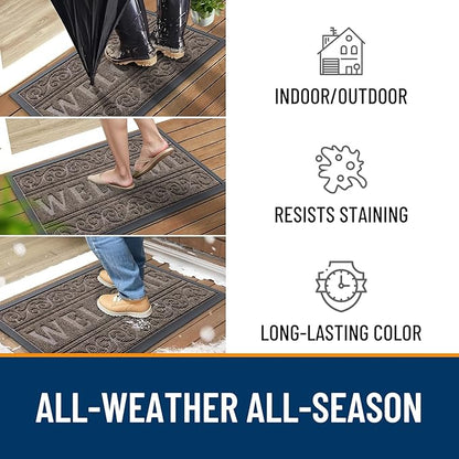 OLANLY Welcome Door Mat Indoor Outdoor Entrance, Heavy Duty Sturdy Front Door Mat, Waterproof All-Weather Doormat, Stain Resistant, Low Profile, Easy Clean Patio Entryway Mat, 29.5 x 17, Medium Brown