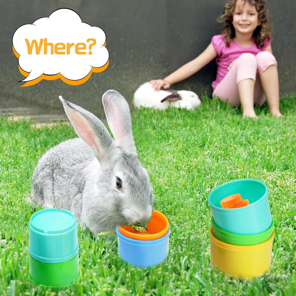 MEWTOGO 8 Pcs Stacking Cups for Rabbits - Safe Reusable Bunny Toys in Different Sizes, Durable Rainbow Colored Nesting Toys for Small Animals, Bunny Hiding Food Playing Gifts