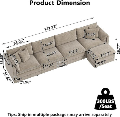 Aoowow Modular Sectional Sofa Modern Convertible L Shaped Couch,147.2 Inch Deep 4-Seater Sofas Set Comfy Chenille Cloud Sofas and Couches with Movable Ottoman for Living Room Apartment（Camel）