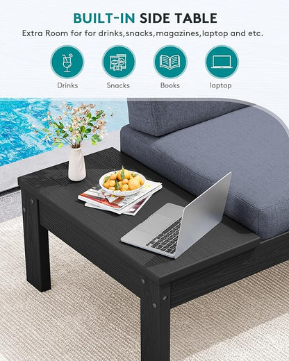 SERWALL HDPE Outdoor Furniture Set, 6 Seats Outdoor Sectional with Coffee Table, Outdoor Conversation Sets with Adjustable Backrest Sofa for Deck, Yard and Balcony, Black Frame with Grey Cushion